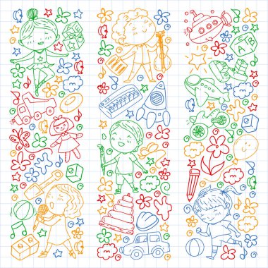 Çocukluk teması üzerinde el stili desen boyalı. Çocuk tasarımı için vektör illüstrasyon. Kareli dizüstü bilgisayarda kalemle renkli çizim