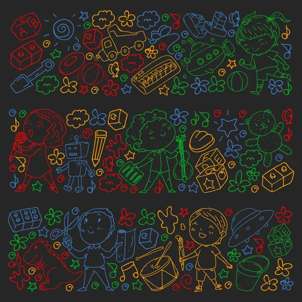 Çocukluk teması üzerinde el stili desen boyalı. Çocuk tasarımı için vektör illüstrasyon. Bir okul tahtası üzerinde renkli tebeşir ile çizim.