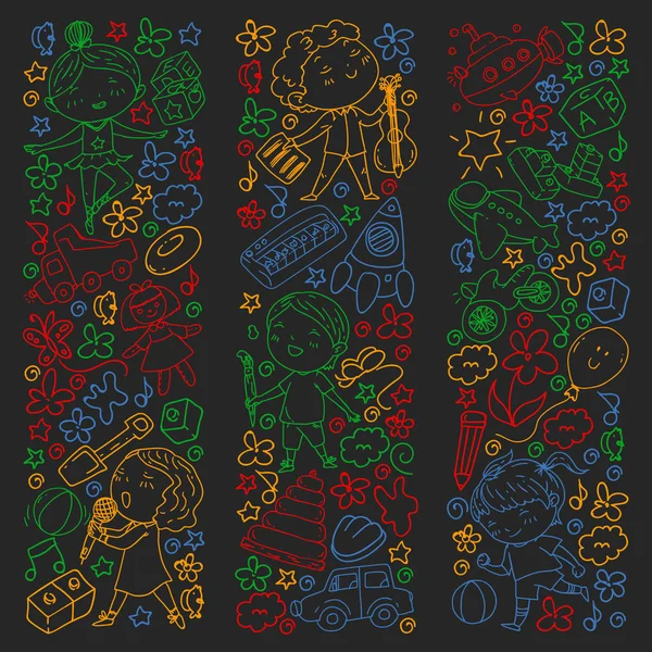 Çocukluk teması üzerinde el stili desen boyalı. Çocuk tasarımı için vektör illüstrasyon. Bir okul tahtası üzerinde renkli tebeşir ile çizim.