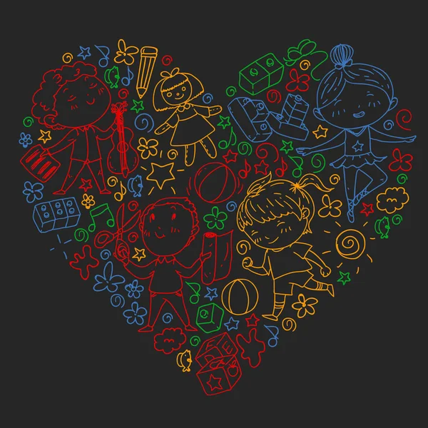 Çocukluk teması üzerinde el stili desen boyalı. Çocuk tasarımı için vektör illüstrasyon. Bir okul tahtası üzerinde renkli tebeşir ile çizim.