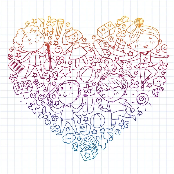 Çocukluk teması üzerinde el stili desen boyalı. Çocuk tasarımı için vektör illüstrasyon. Degrade stilinde kare not defteri üzerine çizim.