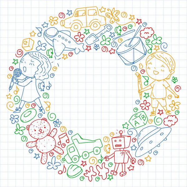 Çocukluk teması üzerinde el stili desen boyalı. Çocuk tasarımı için vektör illüstrasyon. Kareli dizüstü bilgisayarda kalemle renkli çizim