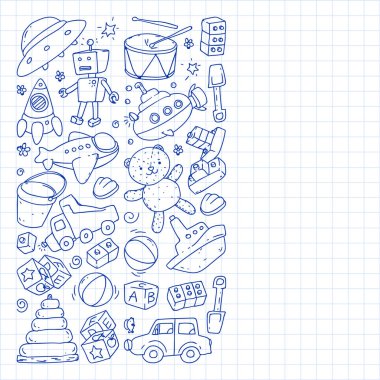 Anaokulu, oyuncak çocuklar ile vektör desen. Mutlu çocuklar illüstrasyon. Kareli not defterinde not defterine kalem çizme.