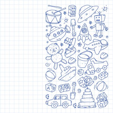 Anaokulu, oyuncak çocuklar ile vektör desen. Mutlu çocuklar illüstrasyon. Kareli not defterinde not defterine kalem çizme.