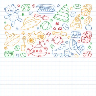 Anaokulu, oyuncak çocuklar ile vektör desen. Mutlu çocuklar illüstrasyon. Kareli not defterinde dizüstü bilgisayara renkli bir kalem çizme.