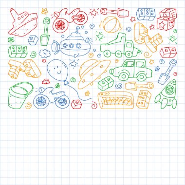 Anaokulu, oyuncak çocuklar ile vektör desen. Mutlu çocuklar illüstrasyon. Kareli not defterinde dizüstü bilgisayara renkli bir kalem çizme.