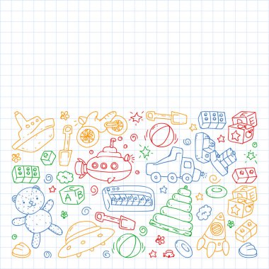 Anaokulu, oyuncak çocuklar ile vektör desen. Mutlu çocuklar illüstrasyon. Kareli not defterinde dizüstü bilgisayara renkli bir kalem çizme.