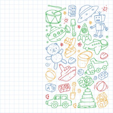 Anaokulu, oyuncak çocuklar ile vektör desen. Mutlu çocuklar illüstrasyon. Kareli not defterinde dizüstü bilgisayara renkli bir kalem çizme.