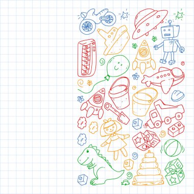 Anaokulu, oyuncak çocuklar ile vektör desen. Mutlu çocuklar illüstrasyon. Kareli not defterinde dizüstü bilgisayara renkli bir kalem çizme.