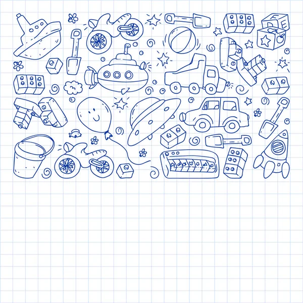 Patrón vectorial con jardín de infantes, niños de juguete. Ilustración de niños felices. Dibujar un bolígrafo en un cuaderno en un cuaderno cuadrado . — Archivo Imágenes Vectoriales