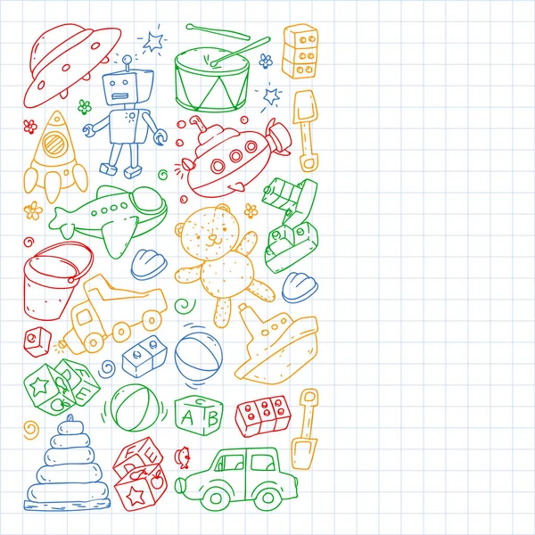 Anaokulu, oyuncak çocuklar ile vektör desen. Mutlu çocuklar illüstrasyon. Kareli not defterinde dizüstü bilgisayara renkli bir kalem çizme.