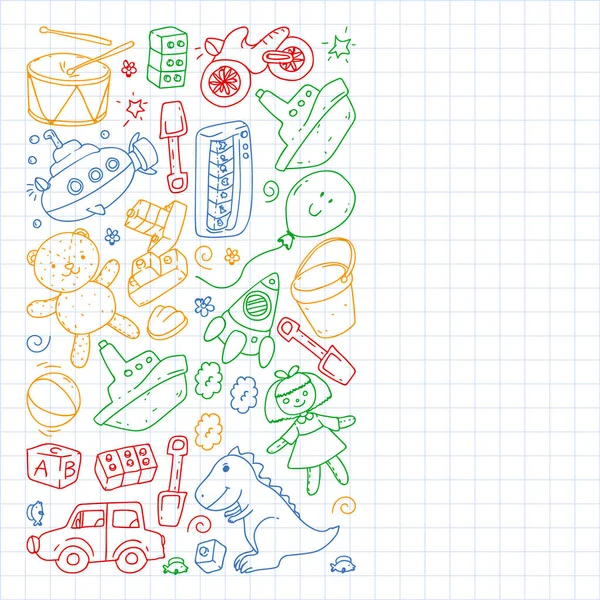 Modello vettoriale con asilo nido, bambini giocattolo. Illustrazione bambini felici. Disegno di una penna colorata su un notebook in un quaderno quadrato . — Vettoriale Stock