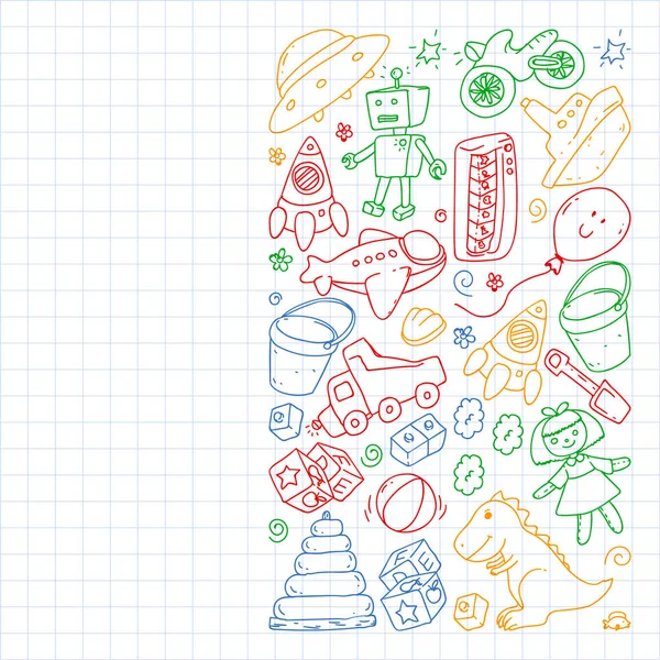 Patrón vectorial con jardín de infantes, niños de juguete. Ilustración de niños felices. Dibujar un bolígrafo colorido en un cuaderno en un cuaderno cuadrado . — Archivo Imágenes Vectoriales