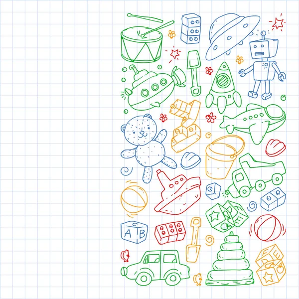 Anaokulu, oyuncak çocuklar ile vektör desen. Mutlu çocuklar illüstrasyon. Kareli not defterinde dizüstü bilgisayara renkli bir kalem çizme.