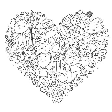 Çocukluk teması üzerinde el stili desen boyalı. Çocuk tasarımı için vektör illüstrasyon. Not defterine siyah kalemle çizim.