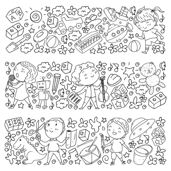 Pintado a mano patrón de estilo sobre el tema de la infancia. Ilustración vectorial para el diseño de niños.Dibujo con pluma negra en cuaderno . — Vector de stock
