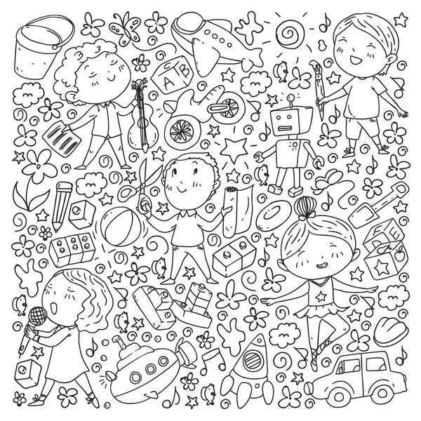 Pintado a mano patrón de estilo sobre el tema de la infancia. Ilustración vectorial para el diseño de niños.Dibujo con pluma negra en cuaderno . — Archivo Imágenes Vectoriales