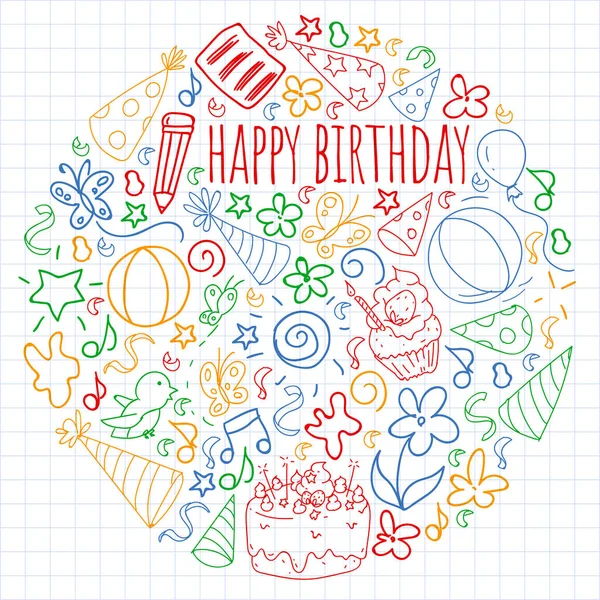 Conjunto vectorial de lindas plantillas de ilustración creativa con diseño de tema de cumpleaños. Dibujado a mano para vacaciones, invitaciones de fiesta.Dibujo en cuaderno de ejercicios en estilo colorido . — Archivo Imágenes Vectoriales