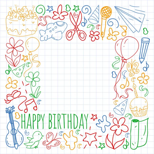 Vektor-Set von niedlichen kreativen Illustrationsvorlagen mit Geburtstagsdesign. handgezeichnet für den Urlaub, Party-Einladungen. Zeichnung auf Schulheft in buntem Stil. — Stockvektor