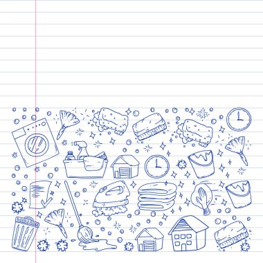 beyaz arka plan üzerinde temizlik hizmetleri şirket vektör monokrom desen, çizim kalem, defterler astarlı