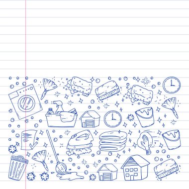 beyaz arka plan üzerinde temizlik hizmetleri şirket vektör monokrom desen, çizim kalem, defterler astarlı