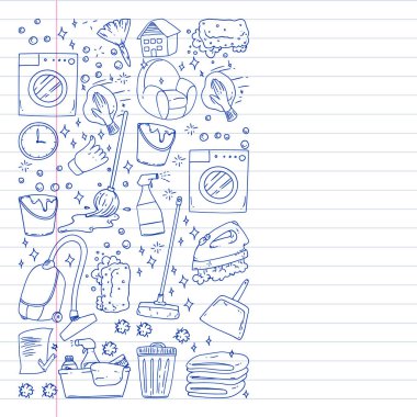 beyaz arka plan üzerinde temizlik hizmetleri şirket vektör monokrom desen, çizim kalem, defterler astarlı