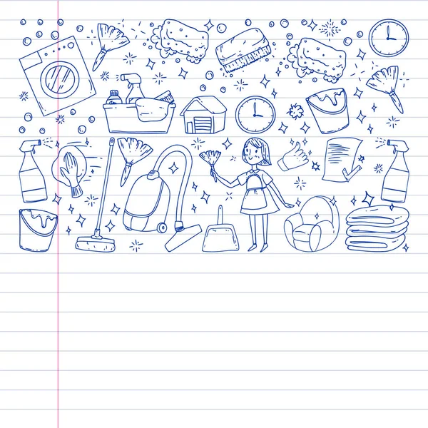 清洁服务公司矢量单色图案在白色背景，绘图笔，笔记本衬里 — 图库矢量图片