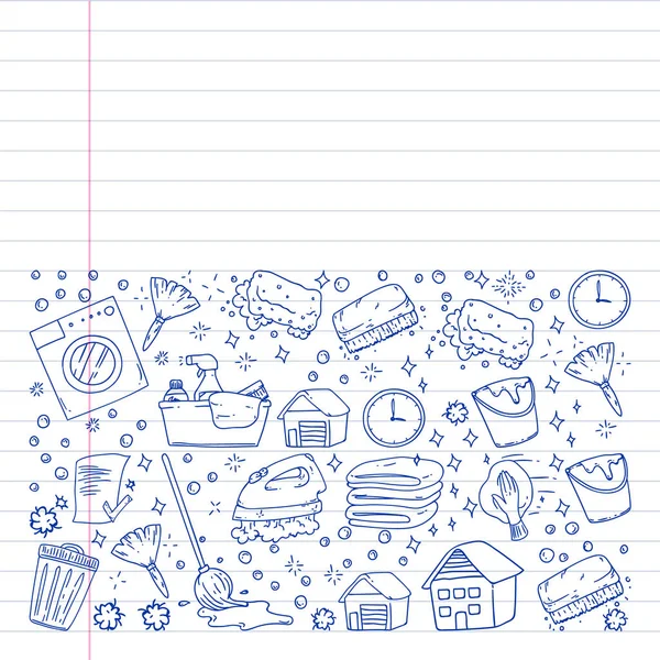 Čištění služby vektor monochromatický vzorek společnosti na bílém pozadí, kreslicí pero, linkovaný notebook — Stockový vektor