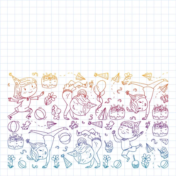 Vector pattern with kindergarten, toy children. Happy children illustration. Gradient drawing on a notebook in a Squared notebook. — Stock Vector