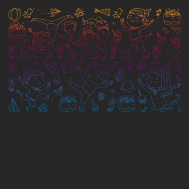 Anaokulu, oyuncak çocuklar ile vektör desen. Mutlu çocuklar illüstrasyon. kara tahta üzerinde degrade çizim.