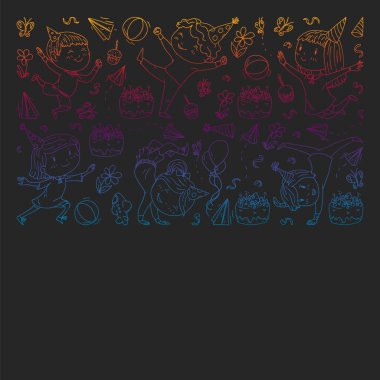 Anaokulu, oyuncak çocuklar ile vektör desen. Mutlu çocuklar illüstrasyon. kara tahta üzerinde degrade çizim.