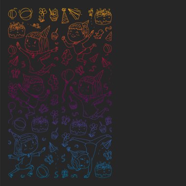 Anaokulu, oyuncak çocuklar ile vektör desen. Mutlu çocuklar illüstrasyon. kara tahta üzerinde degrade çizim.