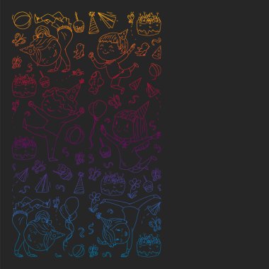 Anaokulu, oyuncak çocuklar ile vektör desen. Mutlu çocuklar illüstrasyon. kara tahta üzerinde degrade çizim.