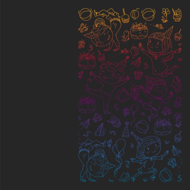 Anaokulu, oyuncak çocuklar ile vektör desen. Mutlu çocuklar illüstrasyon. kara tahta üzerinde degrade çizim.