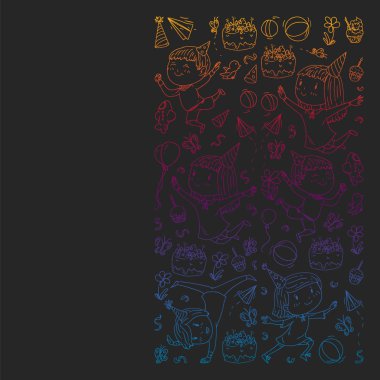 Anaokulu, oyuncak çocuklar ile vektör desen. Mutlu çocuklar illüstrasyon. kara tahta üzerinde degrade çizim.