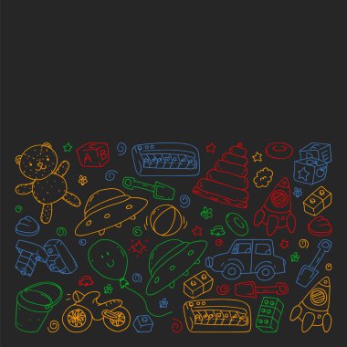 Anaokulu tarzında vektör desen çizim, oyuncak, çocuklar. Mutlu çocuklar illüstrasyon. kara tahta üzerinde renkli tebeşir çizim.