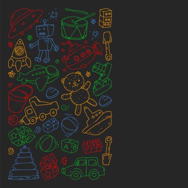 Anaokulu tarzında vektör desen çizim, oyuncak, çocuklar. Mutlu çocuklar illüstrasyon. kara tahta üzerinde renkli tebeşir çizim.