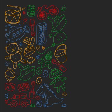 Anaokulu tarzında vektör desen çizim, oyuncak, çocuklar. Mutlu çocuklar illüstrasyon. kara tahta üzerinde renkli tebeşir çizim.