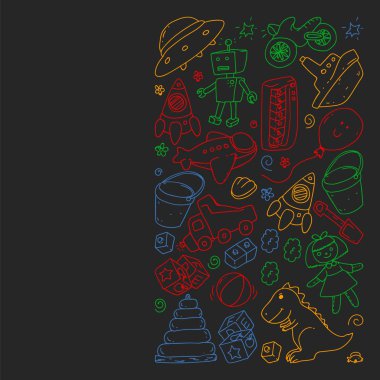 Anaokulu tarzında vektör desen çizim, oyuncak, çocuklar. Mutlu çocuklar illüstrasyon. kara tahta üzerinde renkli tebeşir çizim.