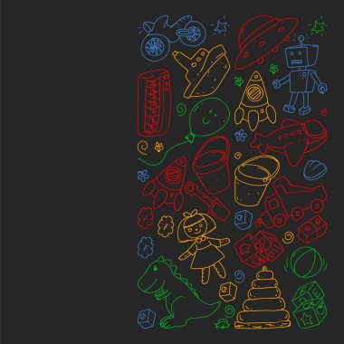 Anaokulu tarzında vektör desen çizim, oyuncak, çocuklar. Mutlu çocuklar illüstrasyon. kara tahta üzerinde renkli tebeşir çizim.