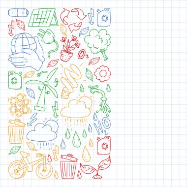 Vektör logosu, tasarım ve rozet trendy çizim tarzı - sıfır atık kavramı, geri dönüşüm ve yeniden, azaltmak - ekolojik yaşam tarzı ve sürdürülebilir gelişmeler simgeleri. Renkli. kare li not defterine çizim.