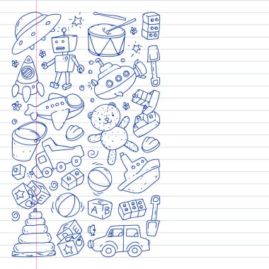 Anaokulu, oyuncak çocuklar ile vektör desen. Mutlu çocuklar illüstrasyon. cetveldeki defterlere kalem çizimi.