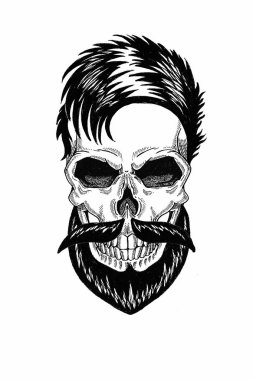 Sakallı kafatası monokrom illüstrasyon berber dükkanı, bıyık, hipster saç kesimi ve beyaz arka plan, karikatür, kızgın, güzel, acımasız.