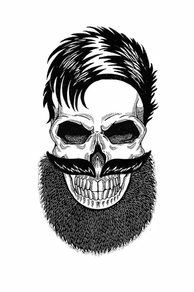 Illustrazione monocromatica barbiere di teschio con barba, baffi, taglio di capelli hipster e su sfondo bianco, cartone animato, arrabbiato, bello, brutale . — Foto Stock