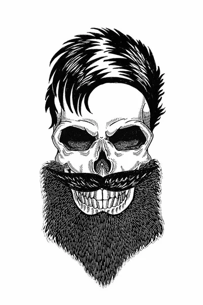 Illustrazione monocromatica barbiere di teschio con barba, baffi, taglio di capelli hipster e su sfondo bianco, cartone animato, arrabbiato, bello, brutale . — Foto Stock