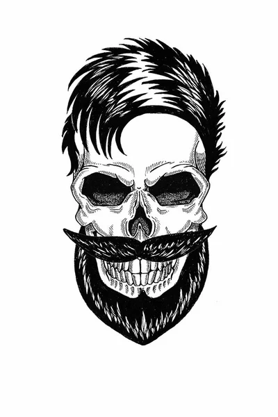 Illustration monochrome salon de coiffure de crâne avec barbe, moustache, coupe de cheveux hipster et sur fond blanc, dessin animé, en colère, beau, brutal . — Photo