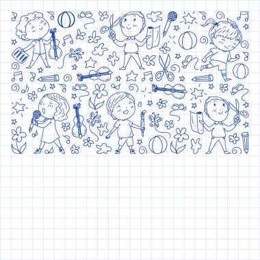 yaratıcı çocuklar dans, şarkı, futbol oynarken, gitar çalmak, keman çalmak, kağıttan model yapmak. Kareli not defterine tek renkli kalem çizimi .