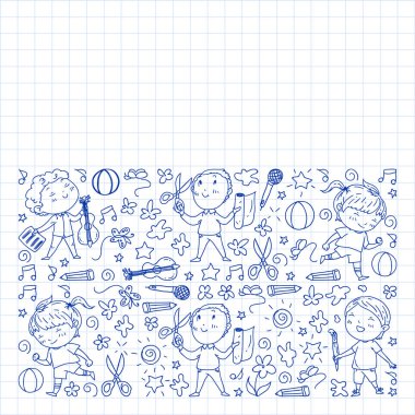 yaratıcı çocuklar dans, şarkı, futbol oynarken, gitar çalmak, keman çalmak, kağıttan model yapmak. Kareli not defterine tek renkli kalem çizimi .