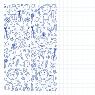 yaratıcı çocuklar dans, şarkı, futbol oynarken, gitar çalmak, keman çalmak, kağıttan model yapmak. Kareli not defterine tek renkli kalem çizimi .