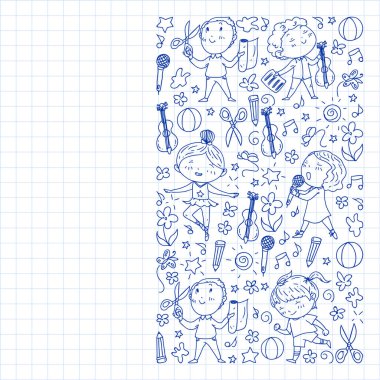 yaratıcı çocuklar dans, şarkı, futbol oynarken, gitar çalmak, keman çalmak, kağıttan model yapmak. Kareli not defterine tek renkli kalem çizimi .